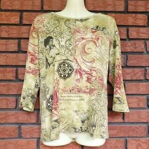 Glima Top Size XL Cotton 3/4 Sleeve Y2K Graphic Print Motherhood Mom Theme Green